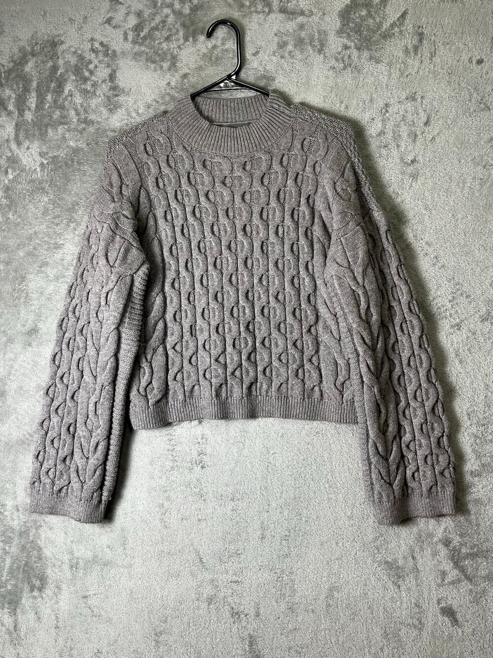 Anthropologie‎ Cable Knit Mock Neck Balloon Sleeve Cropped Sweater Gray Size S